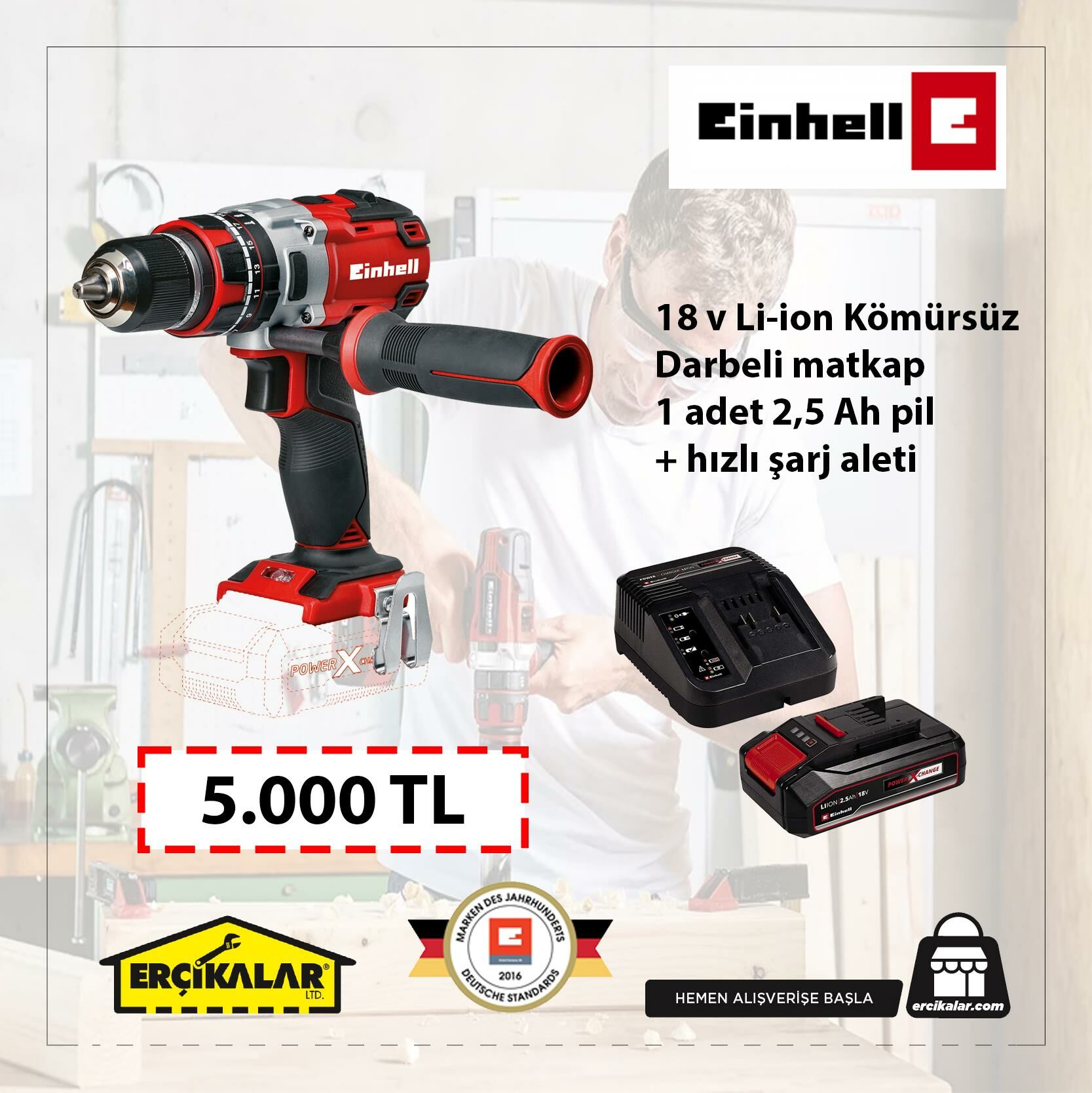 18V Lİ-ON DARBELİ MATKAP KÖMÜRSÜZ+2,5 Ah PİL