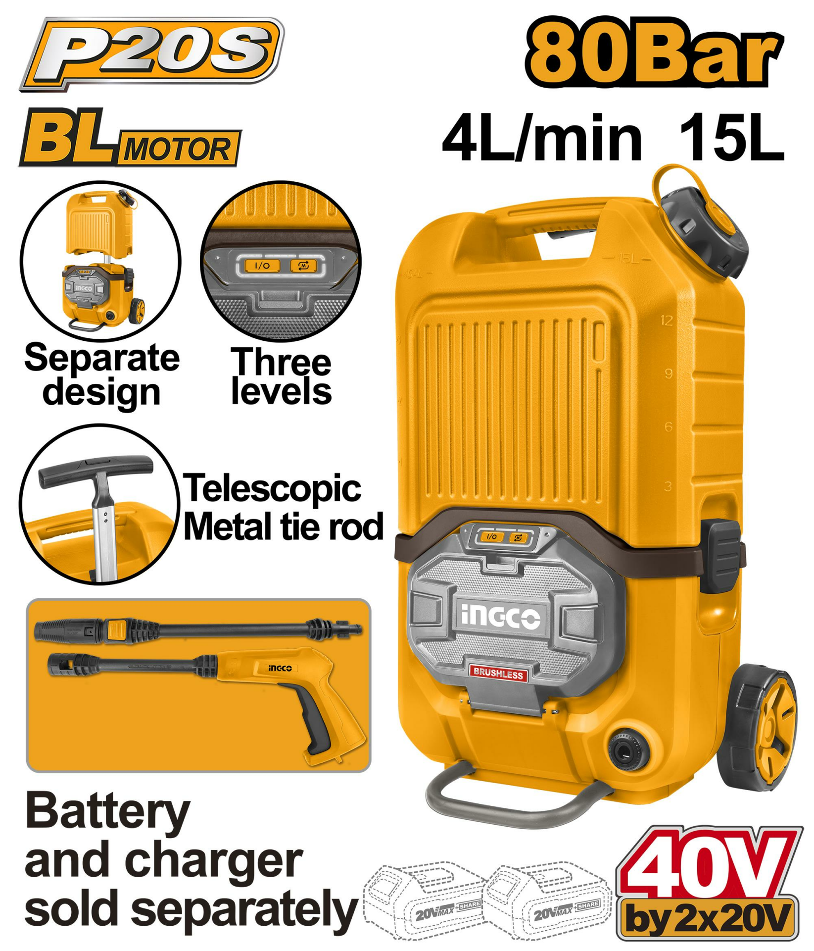 40 V 15 LİTRE 80 BAR SEYYAR ARAÇ YIKAMA MAK.PİLSİZ