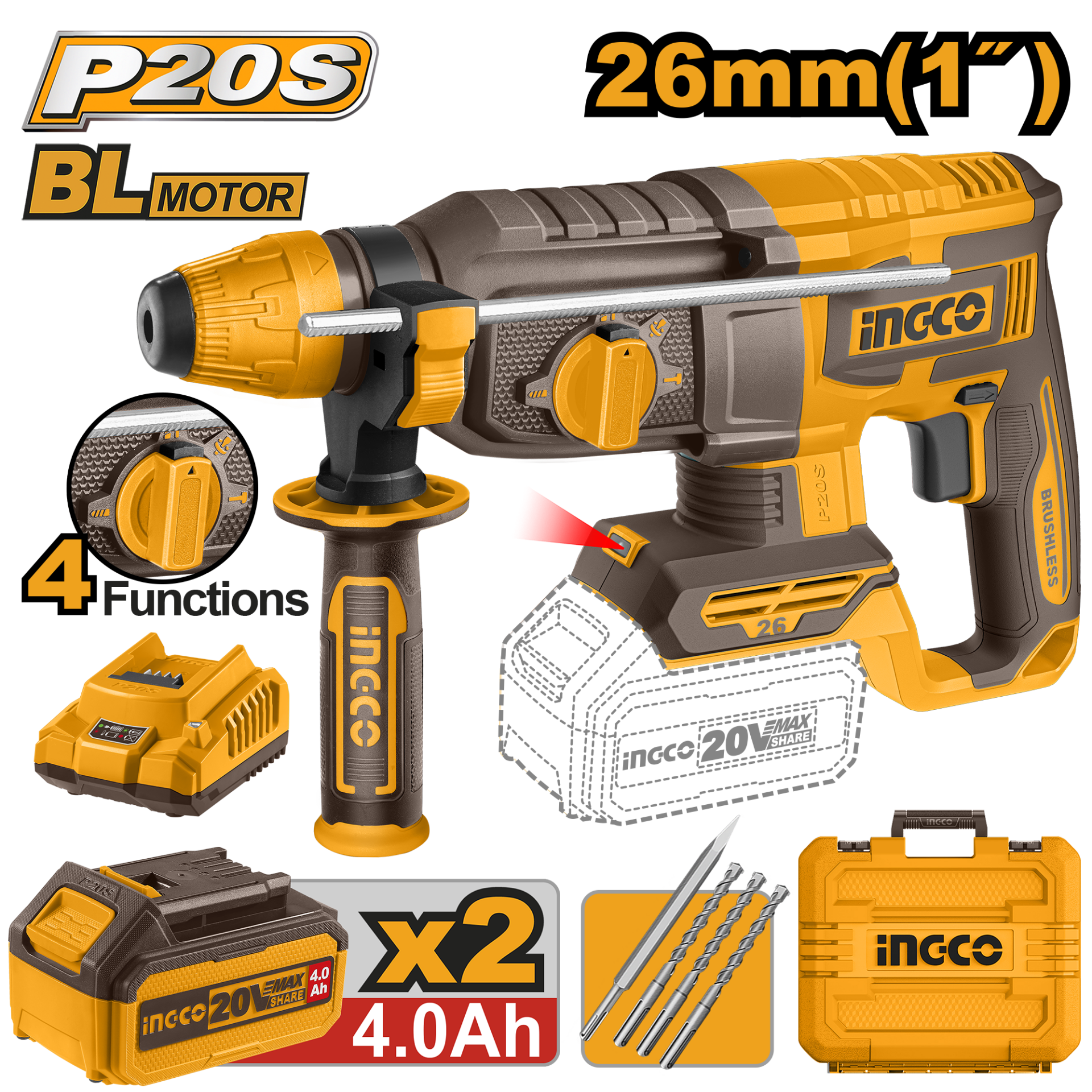 20V LI-ION DARBELİ KIRICILI MATKAPKÖMÜRSÜZ 2 X 4Ah